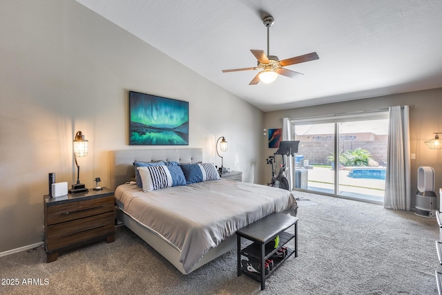 bedroom with access to exterior, carpet flooring, a ceiling fan, and lofted ceiling