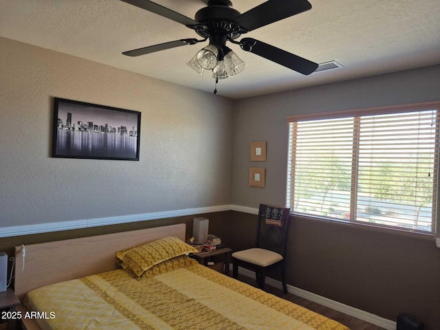 2050 W Davis Rd, Phoenix, AZ 85023 - bedroom featuring a ceiling fan, a textured ceiling, baseboards, visible vents, and a textured wall