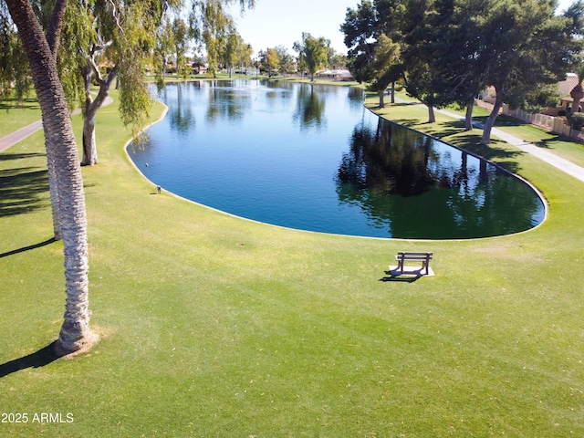 view of home's community with a water view and a lawn