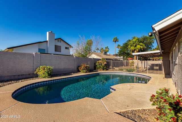 view of swimming pool with a fenced in pool, a fenced backyard, and a patio area