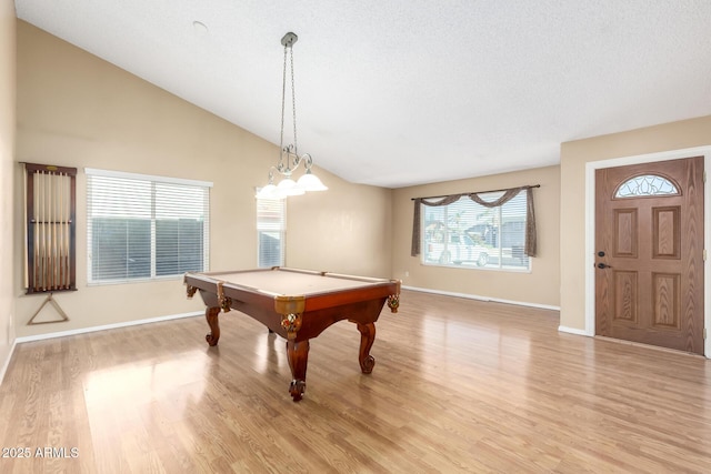 playroom with lofted ceiling, billiards, light wood-style flooring, and baseboards