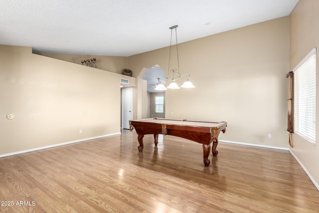 playroom with high vaulted ceiling, billiards, visible vents, light wood-style flooring, and baseboards