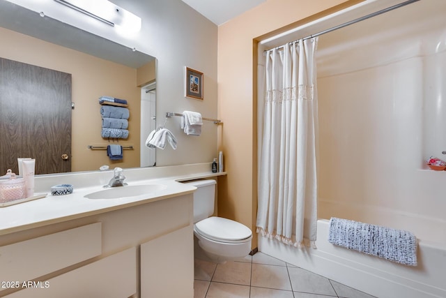 full bathroom featuring vanity, toilet, tile patterned floors, and shower / bath combo with shower curtain