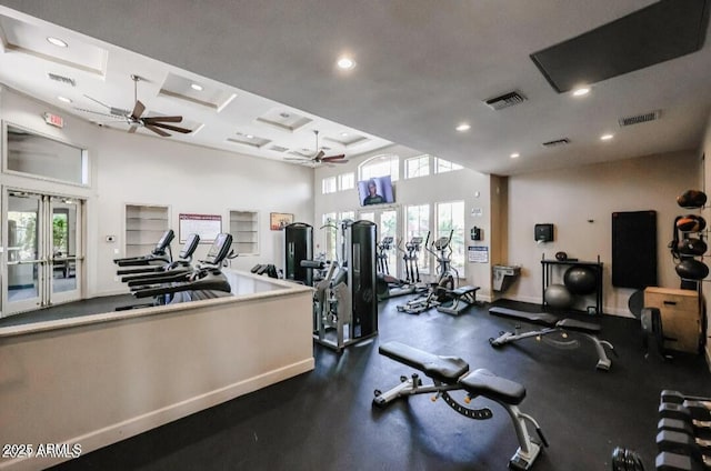 workout area with a ceiling fan, recessed lighting, and visible vents