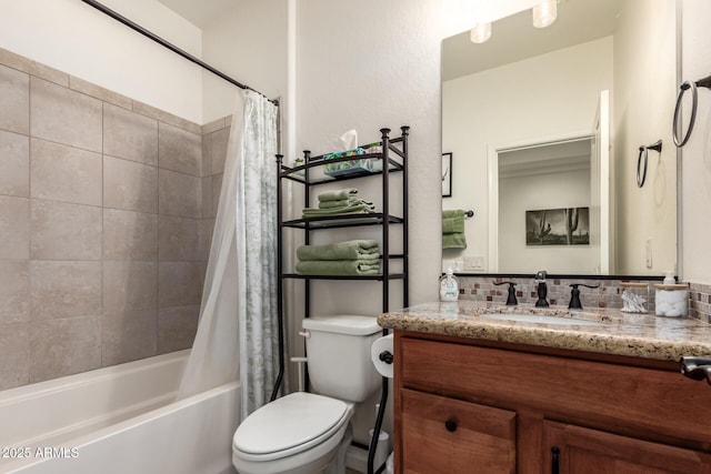 bathroom with toilet, vanity, and shower / tub combo with curtain