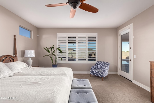 bedroom with access to exterior, carpet flooring, and ceiling fan