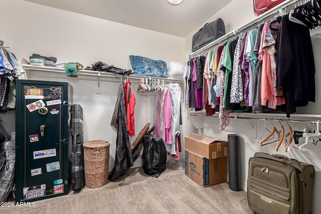 walk in closet featuring light carpet