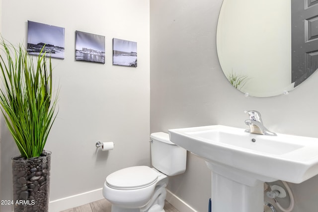 bathroom featuring toilet, sink, and wood-type flooring