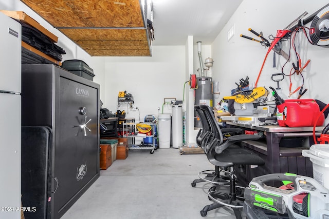 garage with a workshop area