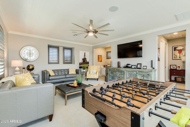 1952 W Yellowstone Way, Chandler, AZ 85248 - living area featuring carpet floors, a ceiling fan, and ornamental molding