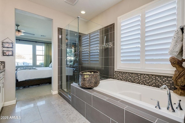 1952 W Yellowstone Way, Chandler, AZ 85248 - bathroom with ensuite bath, a stall shower, a bath, a ceiling fan, and tile patterned flooring