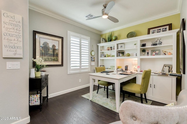 1952 W Yellowstone Way, Chandler, AZ 85248 - office area featuring a ceiling fan, baseboards, crown molding, and dark wood-type flooring
