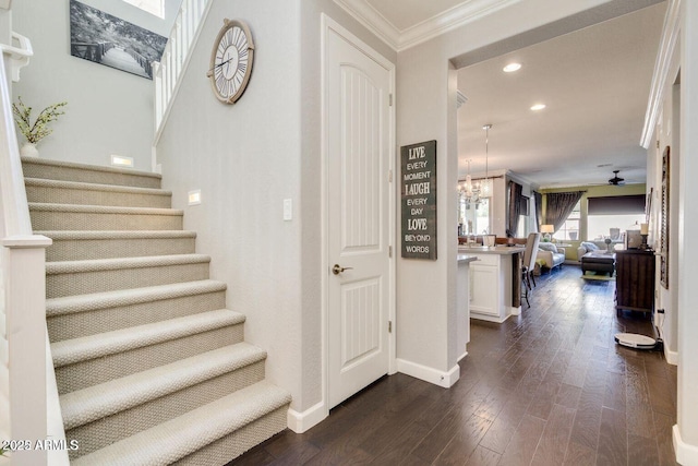 1952 W Yellowstone Way, Chandler, AZ 85248 - stairway featuring crown molding, baseboards, wood finished floors, recessed lighting, and ceiling fan