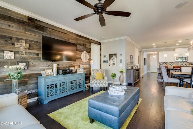 1952 W Yellowstone Way, Chandler, AZ 85248 - living room with wooden walls, baseboards, ceiling fan, crown molding, and recessed lighting