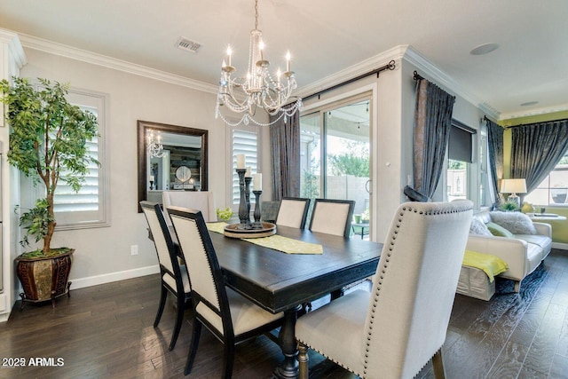 1952 W Yellowstone Way, Chandler, AZ 85248 - dining room with a chandelier, ornamental molding, baseboards, and dark wood-style flooring
