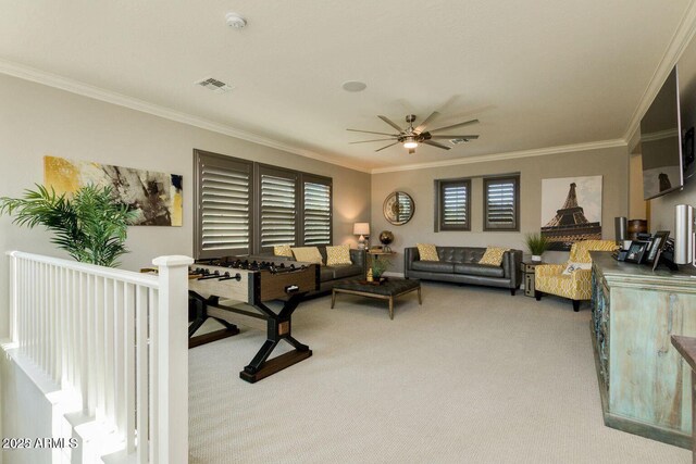 1952 W Yellowstone Way, Chandler, AZ 85248 - living room with carpet floors, ornamental molding, and a ceiling fan