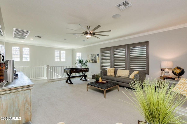 1952 W Yellowstone Way, Chandler, AZ 85248 - carpeted living room featuring ornamental molding, a ceiling fan, and baseboards