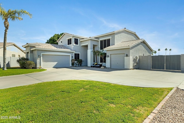 view of front of house featuring a garage, concrete driveway, stucco siding, a tiled roof, and a front yard