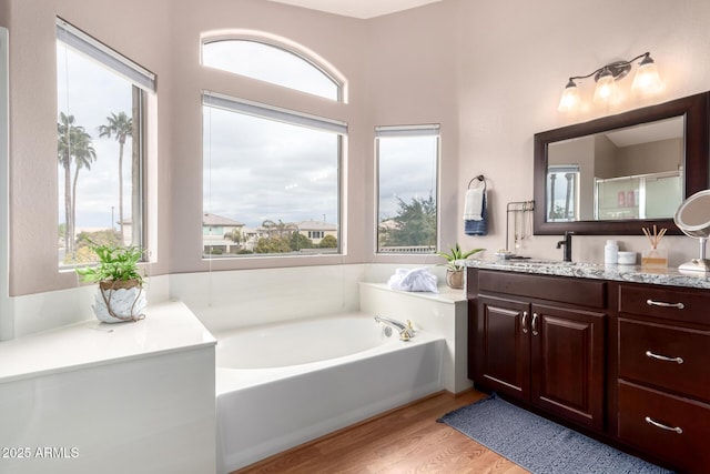 bathroom with hardwood / wood-style floors, vanity, independent shower and bath, and a wealth of natural light