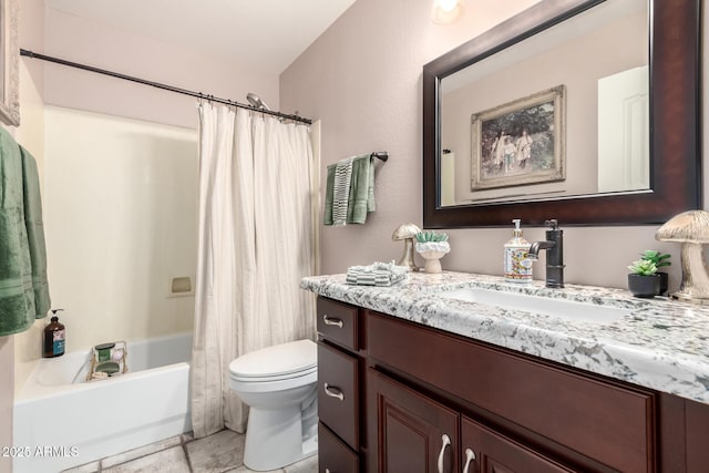 full bathroom with shower / tub combo, vanity, and toilet