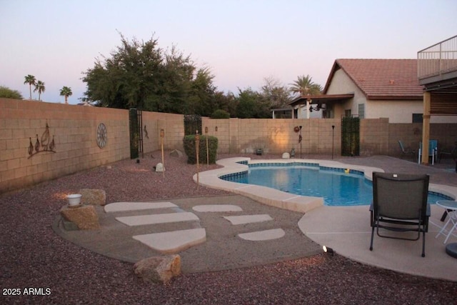 view of pool featuring a fenced in pool, a fenced backyard, and a patio