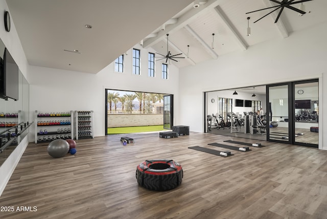 gym featuring high vaulted ceiling, a ceiling fan, and wood finished floors