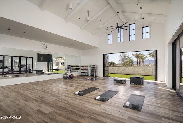 workout area featuring high vaulted ceiling, ceiling fan, and wood finished floors