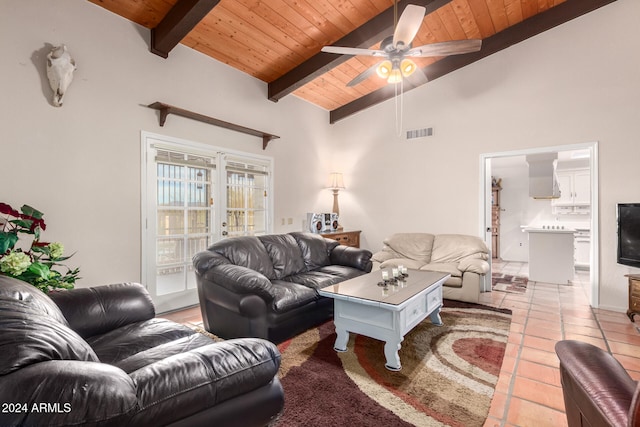 living room featuring light tile patterned floors, beam ceiling, high vaulted ceiling, wooden ceiling, and ceiling fan