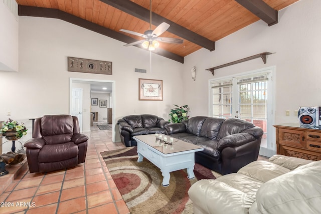 tiled living room featuring wooden ceiling, ceiling fan, beamed ceiling, and high vaulted ceiling