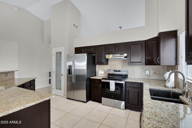 4329 W Electra Ln, Glendale, AZ 85310 - kitchen with stainless steel appliances, a sink, high vaulted ceiling, under cabinet range hood, and light tile patterned floors