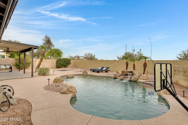 4329 W Electra Ln, Glendale, AZ 85310 - view of pool featuring a fenced backyard, a patio, and ceiling fan