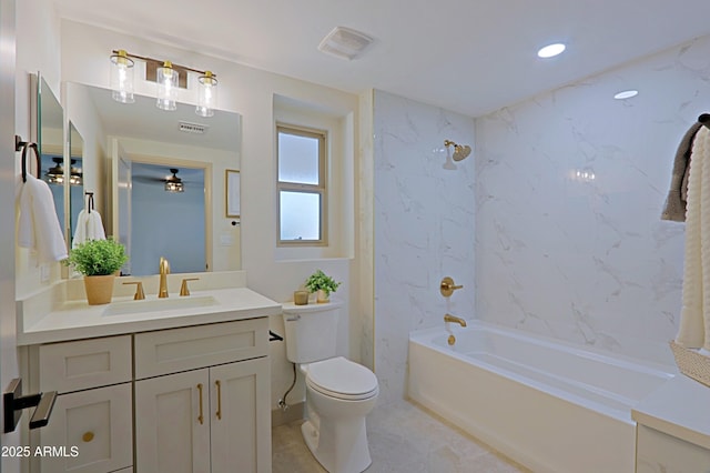 bathroom with toilet, bathing tub / shower combination, vanity, and visible vents