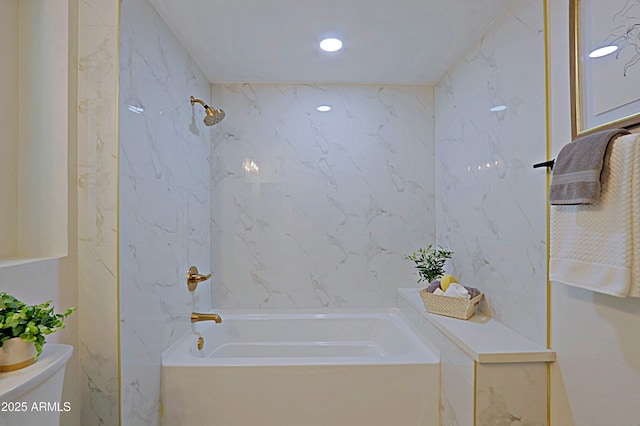 full bathroom featuring  shower combination, tile walls, and toilet