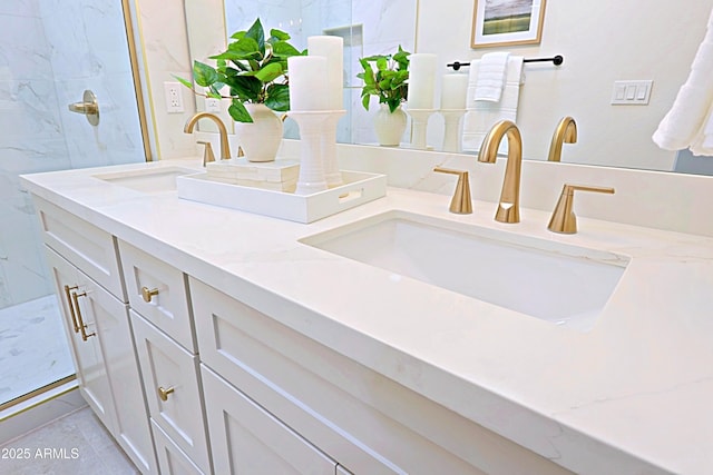 full bathroom with walk in shower, a sink, and double vanity