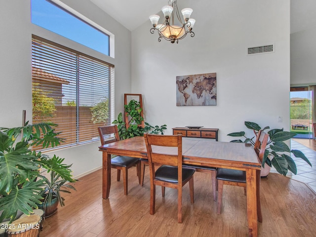 40814 N Majesty Ct, Anthem, AZ 85086 - dining room with high vaulted ceiling, a chandelier, healthy amount of natural light, and wood finished floors