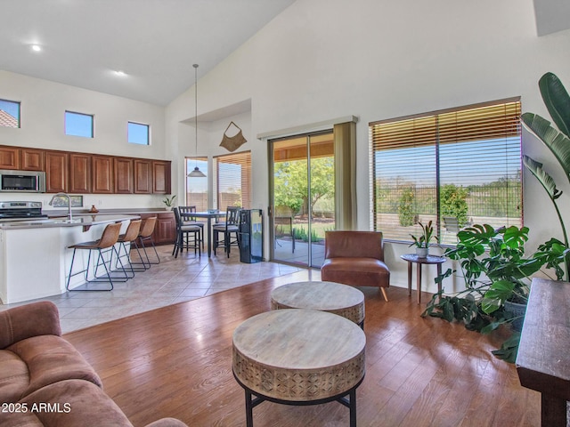 40814 N Majesty Ct, Anthem, AZ 85086 - living room with high vaulted ceiling and light wood-style flooring