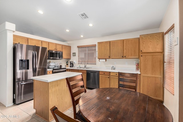 kitchen featuring recessed lighting, light countertops, visible vents, appliances with stainless steel finishes, and light tile patterned flooring