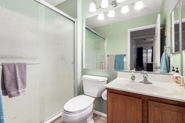 full bath with toilet, visible vents, vanity, tile patterned floors, and a stall shower