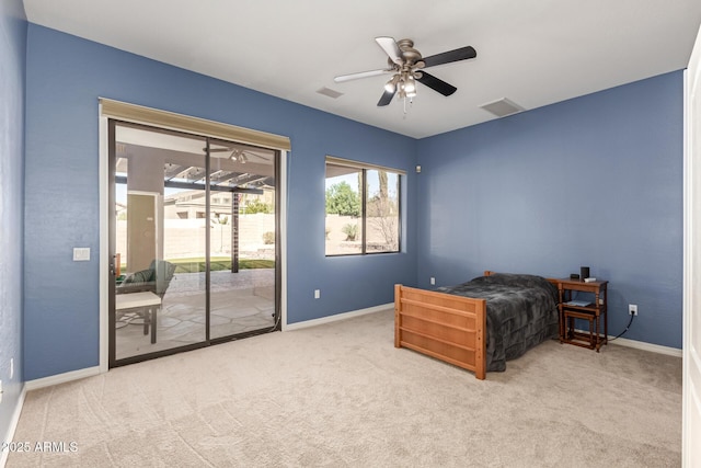 bedroom with access to outside, carpet, visible vents, and baseboards