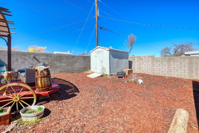 view of yard with an outbuilding, a shed, and a fenced backyard