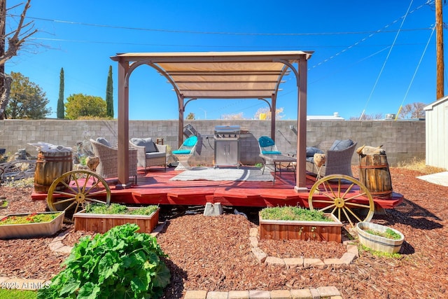 view of yard featuring a fenced backyard, outdoor lounge area, a pergola, and a wooden deck