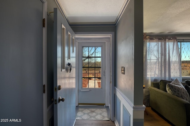 doorway featuring dark wood-style floors, plenty of natural light, and a textured ceiling