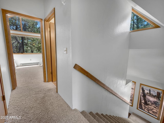 4567 N Juniper Ln, Pine, AZ 85544 - staircase featuring carpet floors and a baseboard heating unit