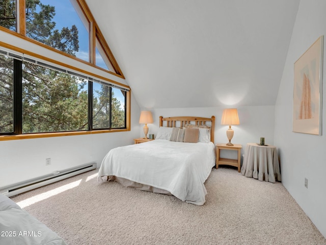 4567 N Juniper Ln, Pine, AZ 85544 - bedroom with a baseboard radiator, lofted ceiling, and carpet flooring