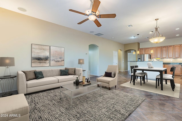 living room with ceiling fan