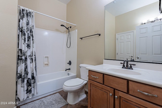 full bathroom with tile patterned flooring, vanity, toilet, and shower / tub combo with curtain