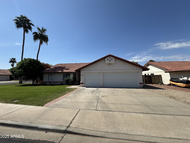 ranch-style home with driveway, a garage, a front lawn, and stucco siding