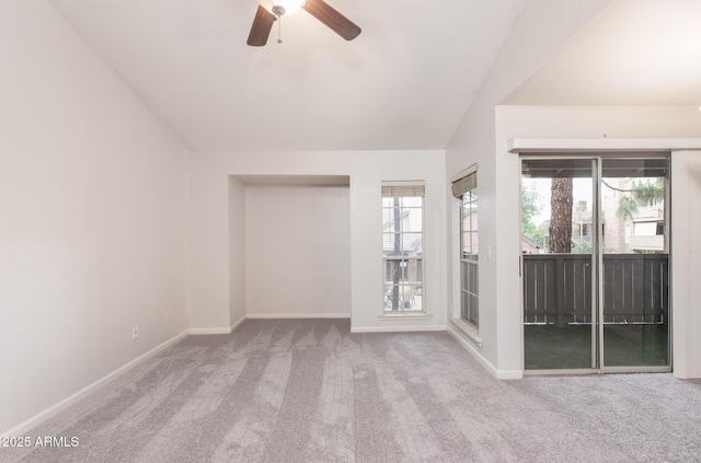 unfurnished room featuring ceiling fan, baseboards, and carpet flooring
