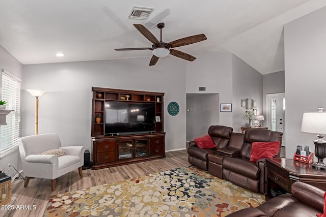 19 W Wickieup Ln, Phoenix, AZ 85027 - living area featuring a ceiling fan, wood finished floors, high vaulted ceiling, and baseboards