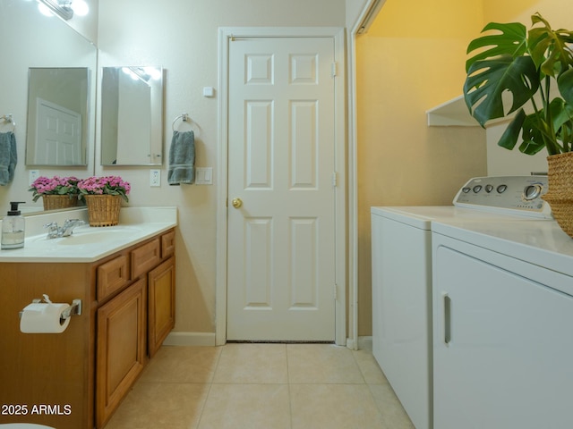 2826 E Tracy Ln Unit 3, Phoenix, AZ 85032 - clothes washing area featuring washer and clothes dryer, a sink, light tile patterned floors, and baseboards